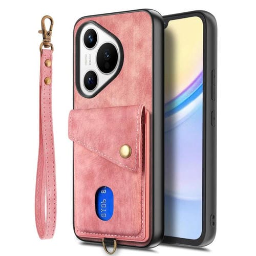 Funda de cuero plegable con correa para Huawei Pura 70, estilo retro, con tarjetero (rosa)