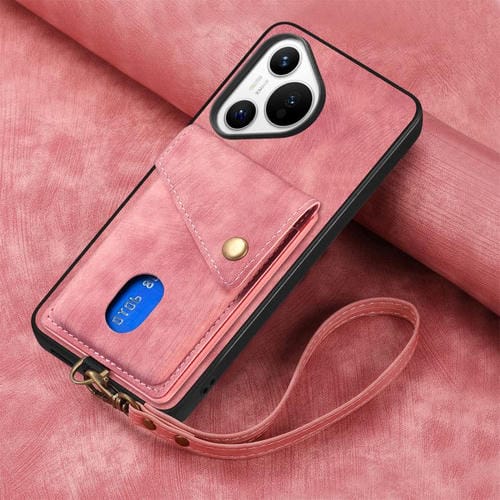 Funda de cuero plegable con correa para Huawei Pura 70, estilo retro, con tarjetero (rosa)