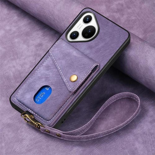 Funda de cuero plegable con correa para Huawei Pura 70, estilo retro, con tarjetero (morado)