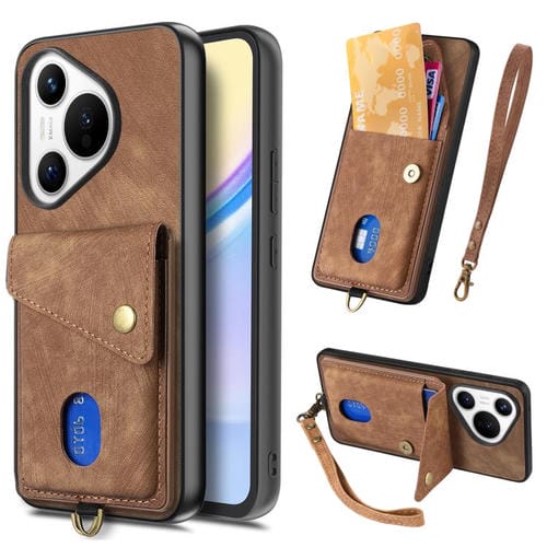 Funda de cuero plegable con correa para Huawei Pura 70 Pro / 70 Pro+, estilo retro, con tarjetero (marrón)
