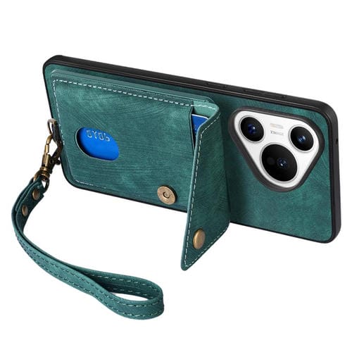 Funda de cuero plegable con correa para Huawei Pura 70 Pro / 70 Pro+, estilo retro, tipo billetera (verde)