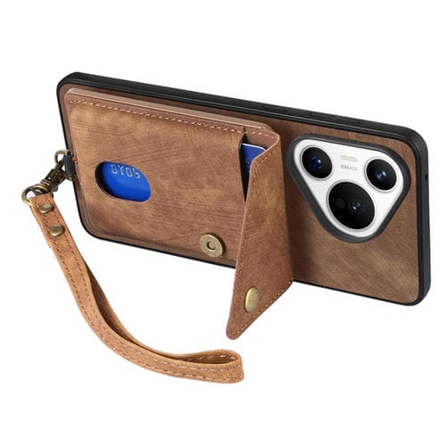 Funda plegable de cuero con correa para Huawei Pura 70 Ultra, estilo retro, con tarjetero (marrón)
