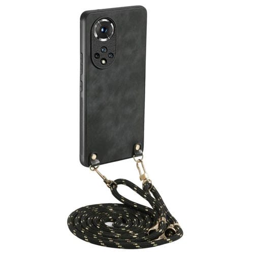Funda de Cuero Vintage para Huawei Nova 9 con Parte Trasera de Policarbonato y Correa Cruzada (Negra)