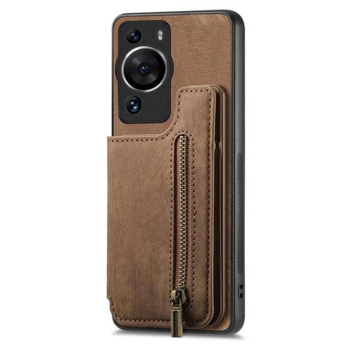 Funda de Cuero Retro con Cremallera para Huawei P60 Pro (Marrón)