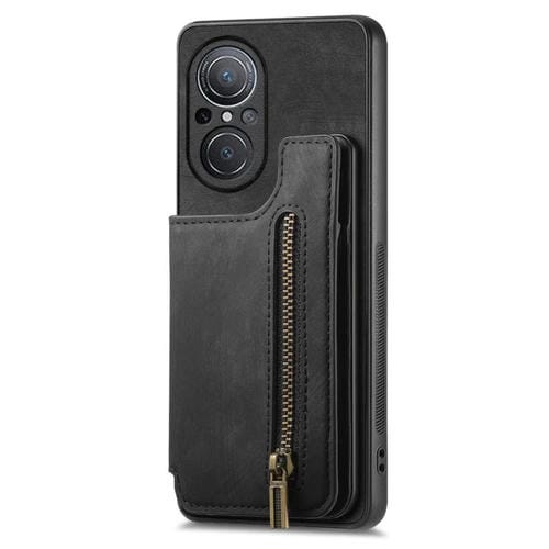 Funda de Cuero Retro con Cremallera para Huawei Nova 9 Se (Negra)