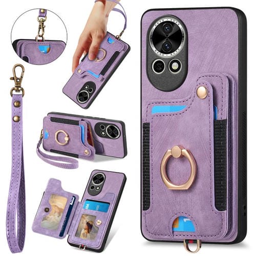 Funda para Teléfono Huawei Nova 13 con Billetera MultiTarjeta, Diseño Retro, Piel Sintética y Anillo (Morado)