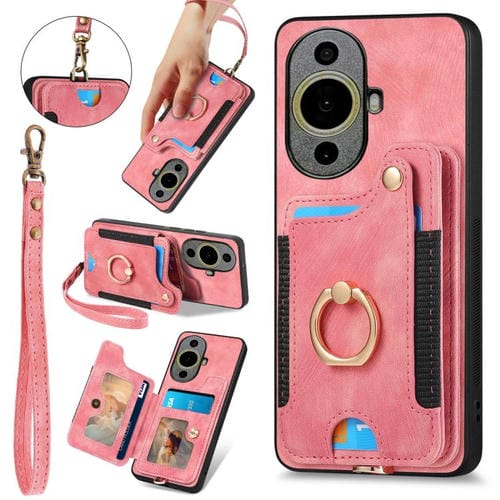 Funda para Teléfono Huawei Nova 11 con Billetera MultiTarjeta, Diseño Retro, Piel Sintética y Anillo (Rosa)