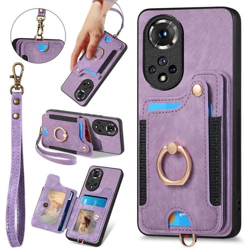 Funda para Teléfono Huawei Nova 9 con Billetera MultiTarjeta, Diseño Retro, Piel Sintética y Anillo (Morado)