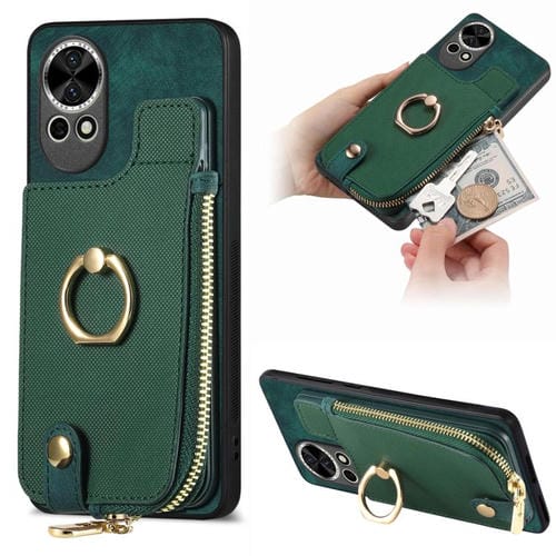Funda para Teléfono Huawei Nova 13 con Cremallera Vertical y Anillo de Cuero (Verde)