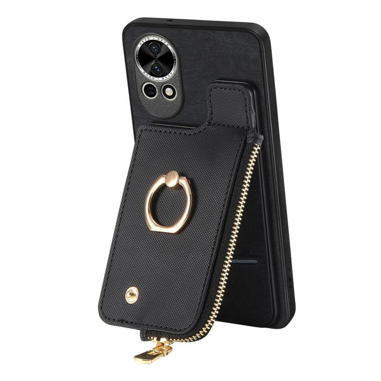 Funda para Teléfono Huawei Nova 12 con Cremallera Vertical y Anillo de Cuero Cruzado (Negro)