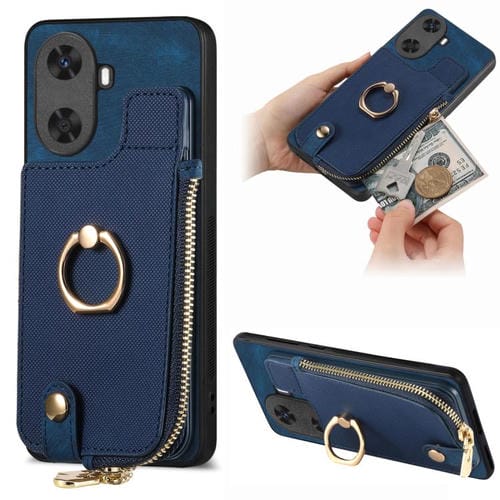 Funda para Teléfono Huawei Enjoy 60 con Cremallera Vertical y Anillo de Cuero Cruzado (Azul)