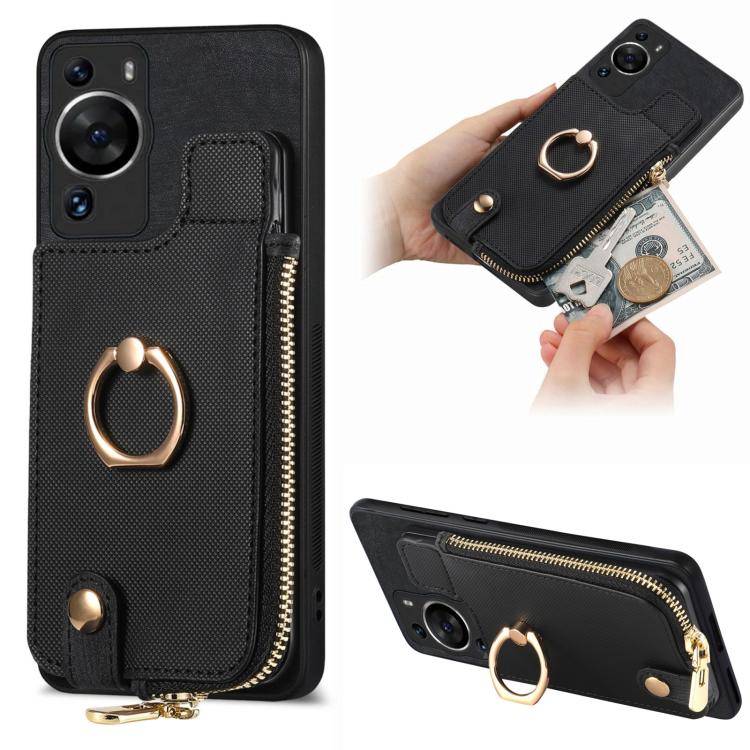 Funda para Teléfono Huawei P60 con Cremallera Vertical y Anillo de Cuero Cruzado (Negro)