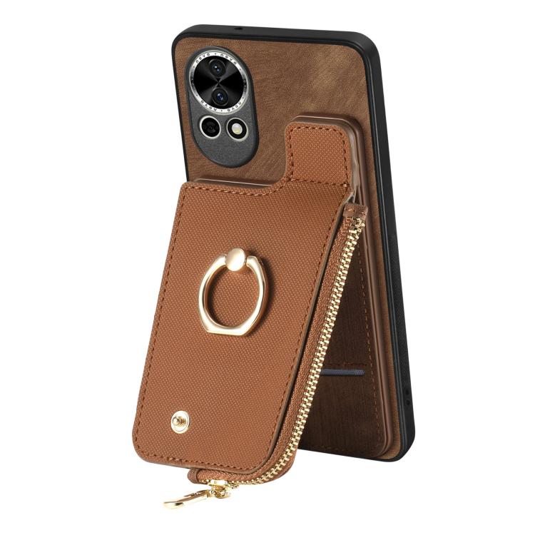 Funda para Teléfono Huawei Nova 9 con Cremallera Vertical y Anillo de Cuero Cruzado (Marrón)