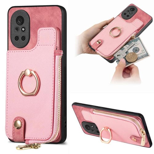 Funda para Teléfono Huawei Nova 8 con Cremallera Vertical y Anillo de Cuero Cruzado (Rosa)