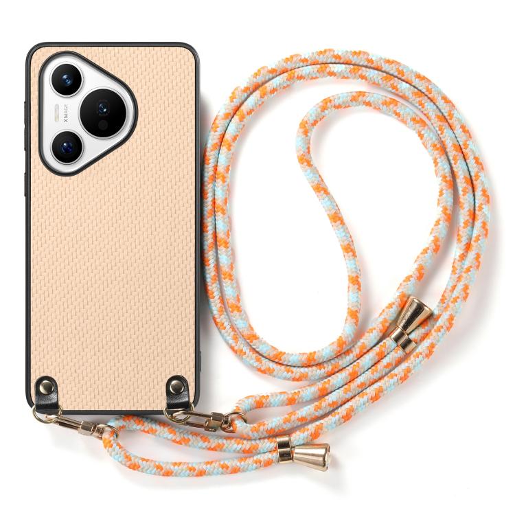 Funda de Cuero con Textura de Fibra de Carbono para Huawei Pura 70 con Correa Cruzada (Caqui)