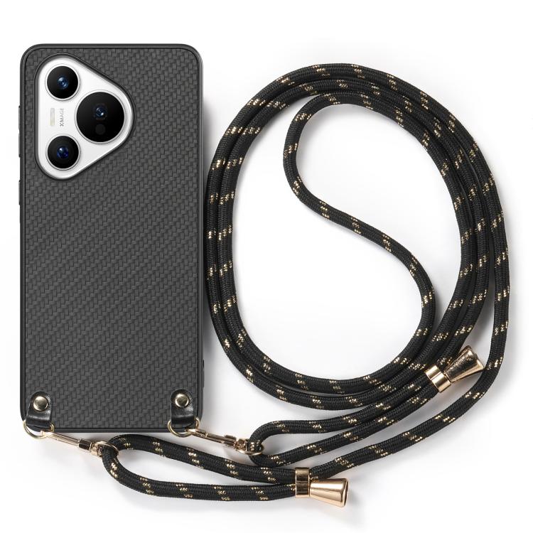Funda de Cuero con Textura de Fibra de Carbono para Huawei Pura 70 Pro con Correa Cruzada (Negro)
