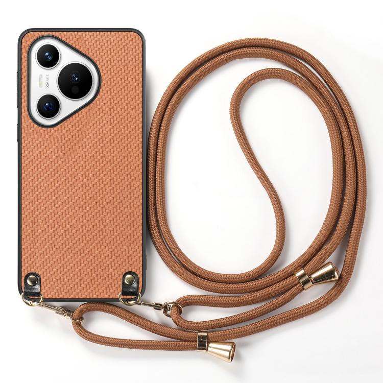 Funda de Cuero Huawei Pura 70 Pro con Textura de Fibra de Carbono y Correa Cruzada (Marrón)