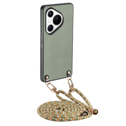 Funda de Cuero con Textura de Fibra de Carbono para Huawei Pura 70 Pro+ con Correa Cruzada (Verde)