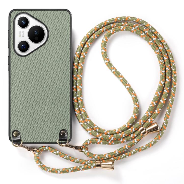 Funda de Cuero con Textura de Fibra de Carbono para Huawei Pura 70 Pro+ con Correa Cruzada (Verde)