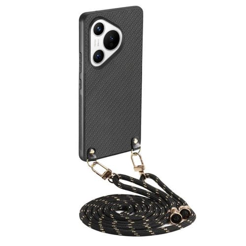 Funda de Cuero con Textura de Fibra de Carbono para Huawei Pura 70 Pro+ con Correa Cruzada (Negro)