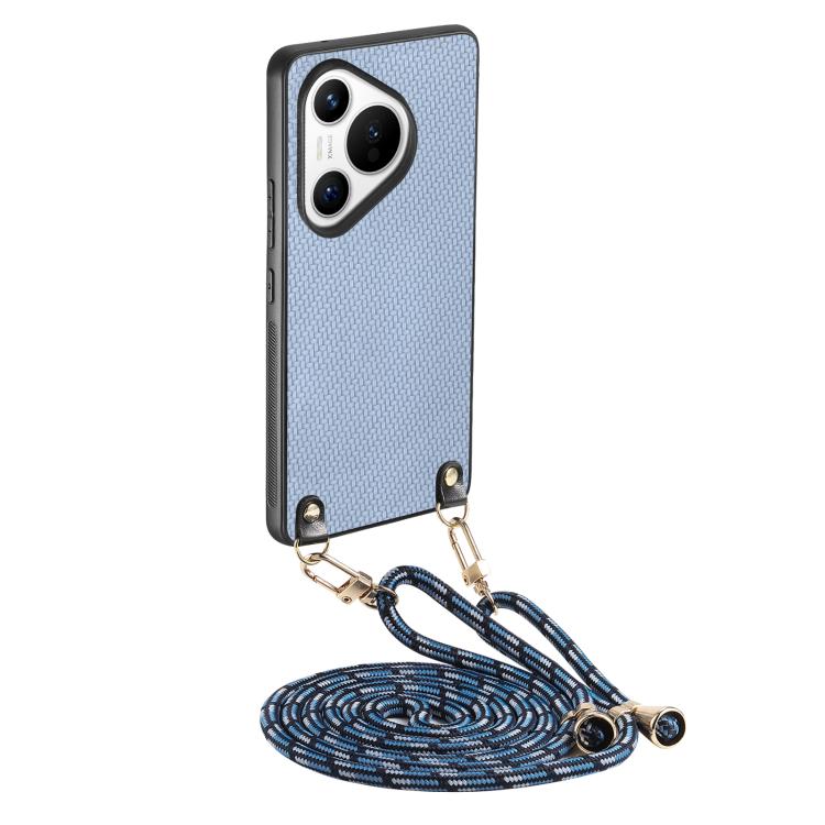 Funda de Cuero con Textura de Fibra de Carbono para Huawei Pura 70 Ultra con Correa Cruzada (Azul)