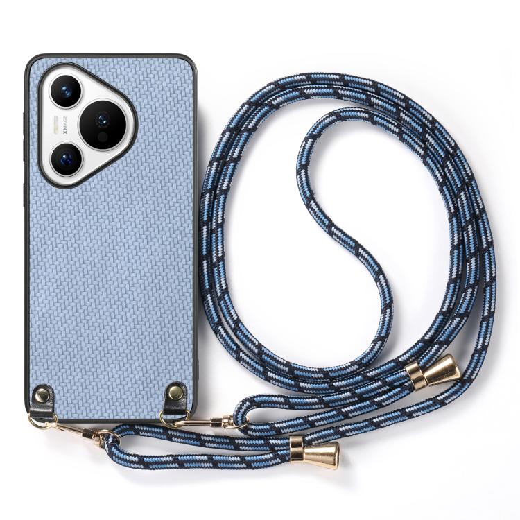 Funda de Cuero con Textura de Fibra de Carbono para Huawei Pura 70 Ultra con Correa Cruzada (Azul)
