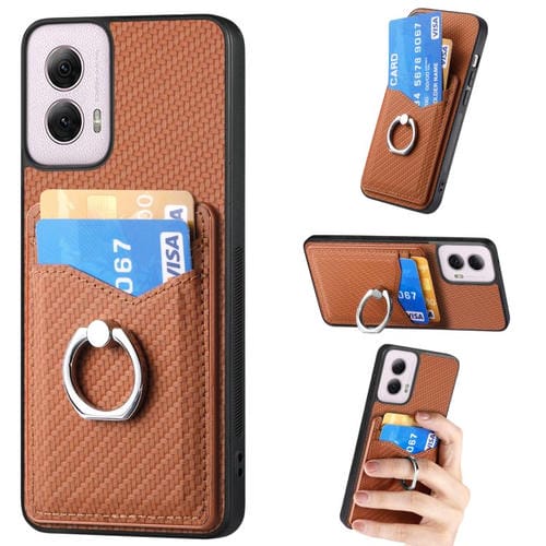 Funda para Teléfono Motorola Moto G Power 5G 2024 con Anillo, Billetera y Tarjetero de Fibra de Carbono (Marrón)