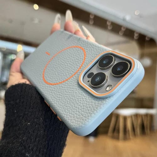 Funda TPU iPhone 13 Pro con Diseño Grano de Lichi y Anillo Naranja Magsafe (Azul)