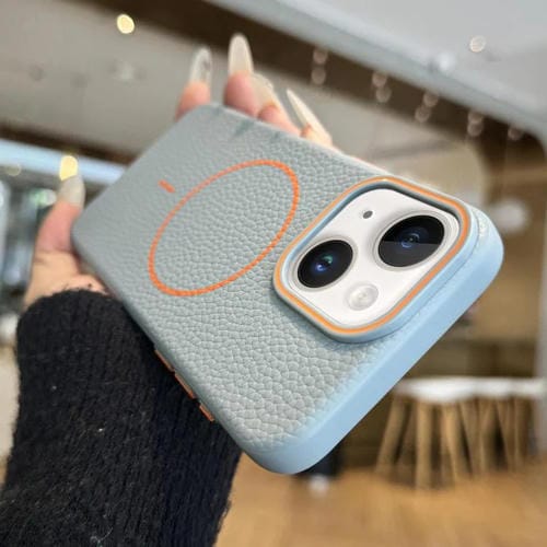 Funda TPU Textura Lichi Anillo Naranja Magsafe para iPhone 14 Plus (Azul)