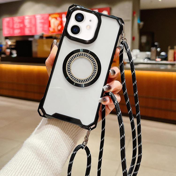 Funda para Teléfono TPU iPhone 12 Traveler Crossbody con Cordón y Cuatro Esquinas (Negro)
