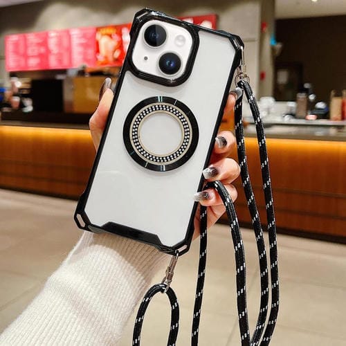 Funda para Teléfono TPU iPhone 13 Traveler Crossbody con Cuatro Esquinas y Cordón (Negro)