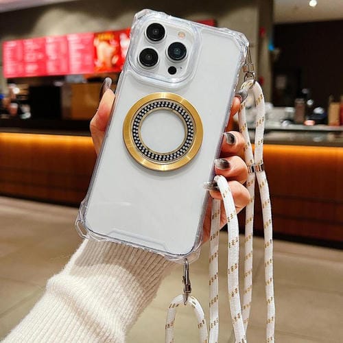 Funda para Teléfono TPU con Cuatro Esquinas y Cordón para iPhone 13 Pro Traveler Crossbody (Blanca)