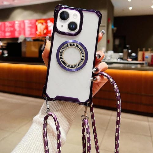 Funda para Teléfono TPU iPhone 14 Traveler Crossbody con Cuatro Esquinas y Cordón (Morado)