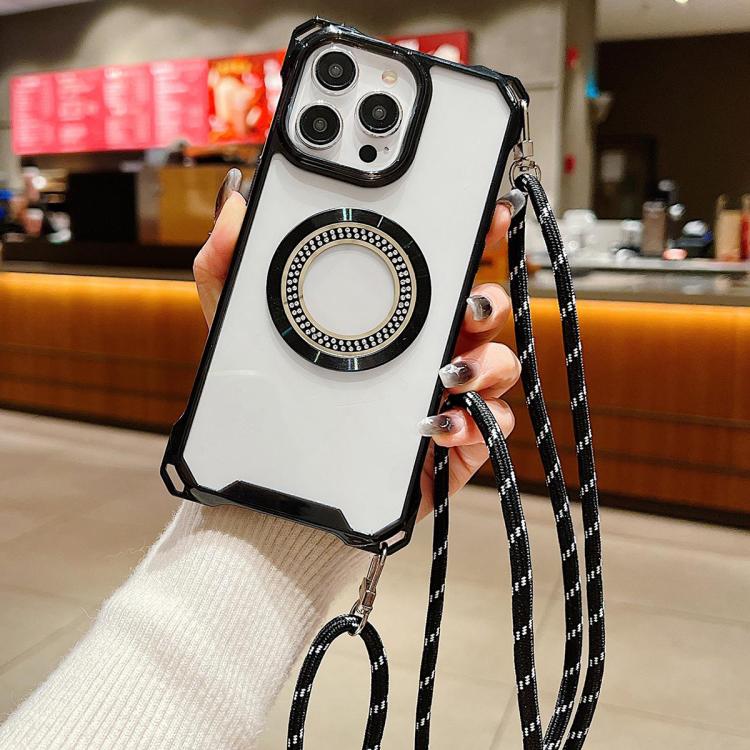Funda para Teléfono TPU iPhone 14 Pro Traveler Crossbody con Cuatro Esquinas y Cordón (Negro)