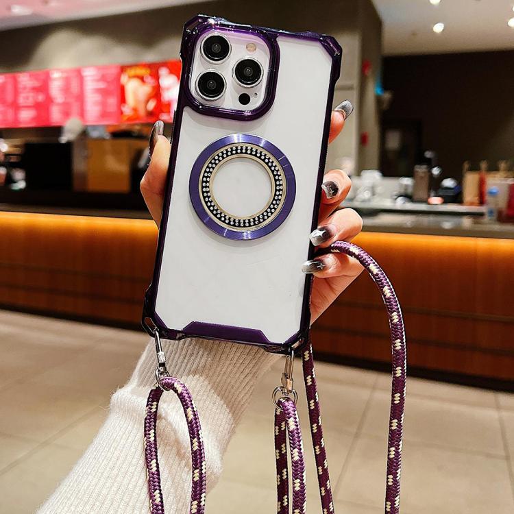 Funda para Teléfono TPU iPhone 16 Pro Max Traveler Crossbody con Cuatro Esquinas y Cordón (Morado)