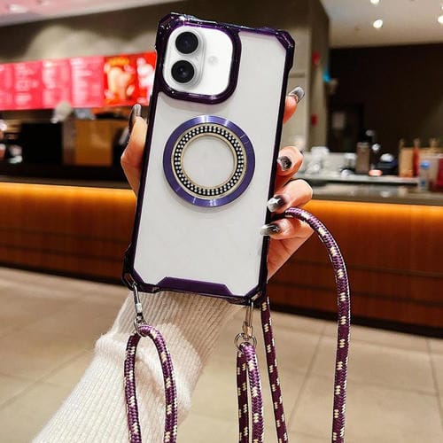 Funda para iPhone 16 TPU Transparente con Correa Cruzada y Cierre de Cuatro Esquinas (Morado)