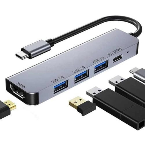 Adaptador Concentrador Multipuerto USB C 5 en 1 con HDMI 4K, USB 3.0 y Carga PD 100W