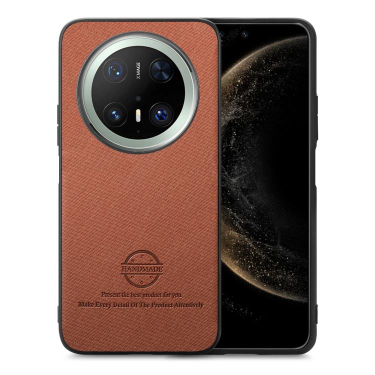 Funda para Teléfono Huawei Mate 70 Pro con Parte Trasera de Piel y Tejido de Sarga (Marrón)