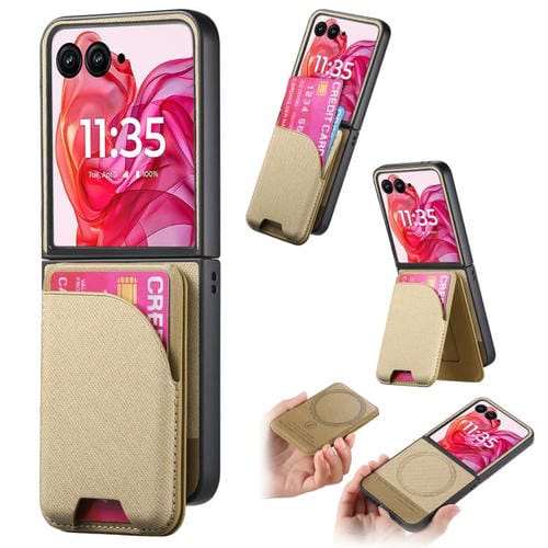 Funda Magnética para Motorola Razr 40 Ultra con Tarjetero de Tela Sarga y Cuero (Caqui)