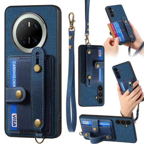 Funda de Cuero Tipo Billetera para Huawei Mate 70 Pro con Diseño Retro y Pulsera Cruzada (Azul)