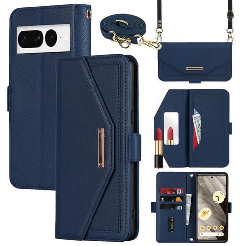 Funda de Cuero con Textura Cruzada y Cordón para Google Pixel 7 (Azul)