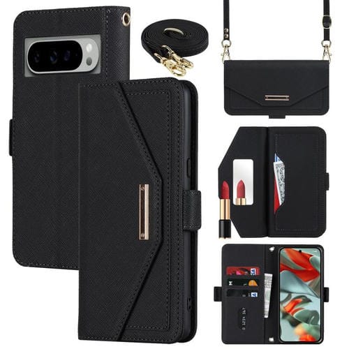 Funda de Cuero con Textura Cruzada y Cordón para Google Pixel 9 Pro XL (Negro)