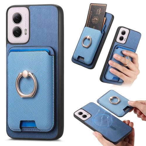 Funda para Motorola Moto G35 con Ranuras para Tarjetas y Anillo de Cuero (Azul)