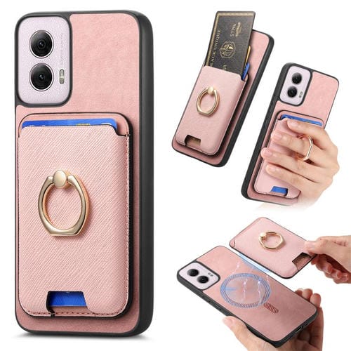 Funda para Motorola Moto G35 con Ranuras para Tarjetas y Anillo de Cuero (Rosa)