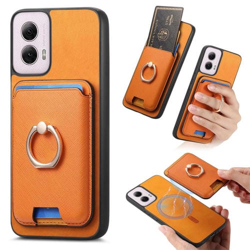 Funda para Motorola Moto G55 con Ranuras para Tarjetas y Anillo de Cuero (Amarillo)