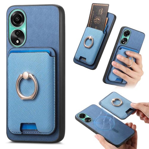 Funda para Oppo A78 4G con Ranuras para Tarjetas y Anillo de Cuero con Diseño Retro Cruzado (Azul)