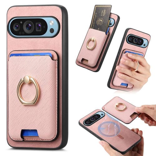 Funda para Google Pixel 9 Pro XL con Ranuras para Tarjetas y Anillo de Cuero (Rosa)