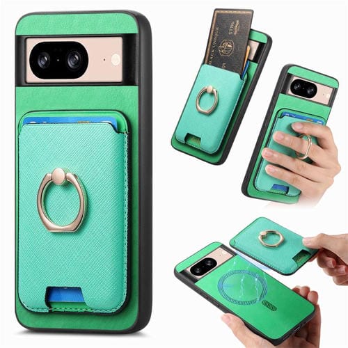 Funda para Google Pixel 8 con Ranuras para Tarjetas y Anillo de Cuero (Verde)
