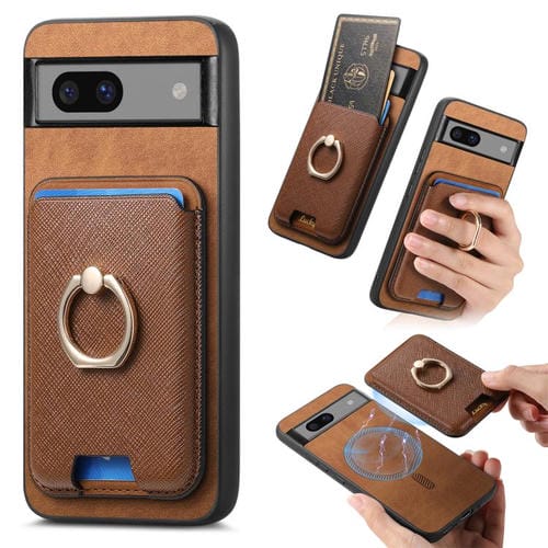 Funda para Google Pixel 7 con Ranuras para Tarjetas y Anillo de Cuero Retro Cruzado (Marrón)