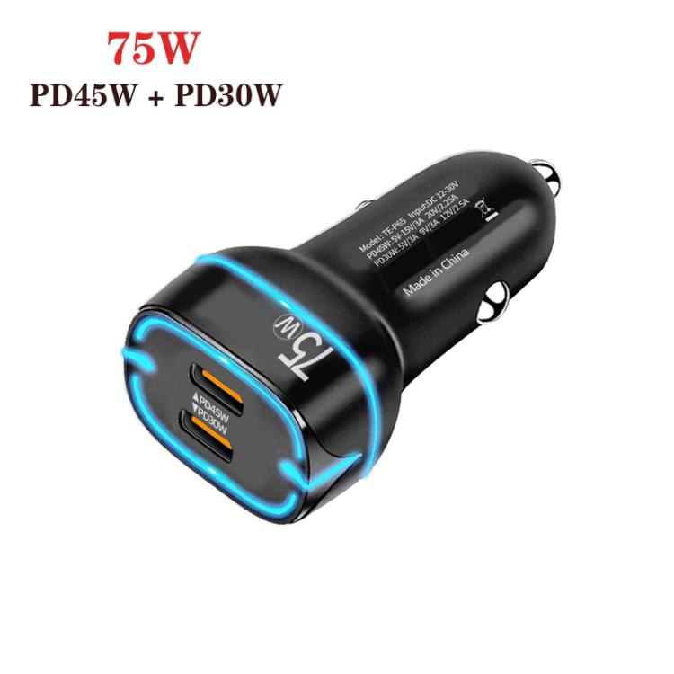 Cargador de coche tipo C de doble puerto P65 PD45W + PD30W para iPhone/iPad (negro)